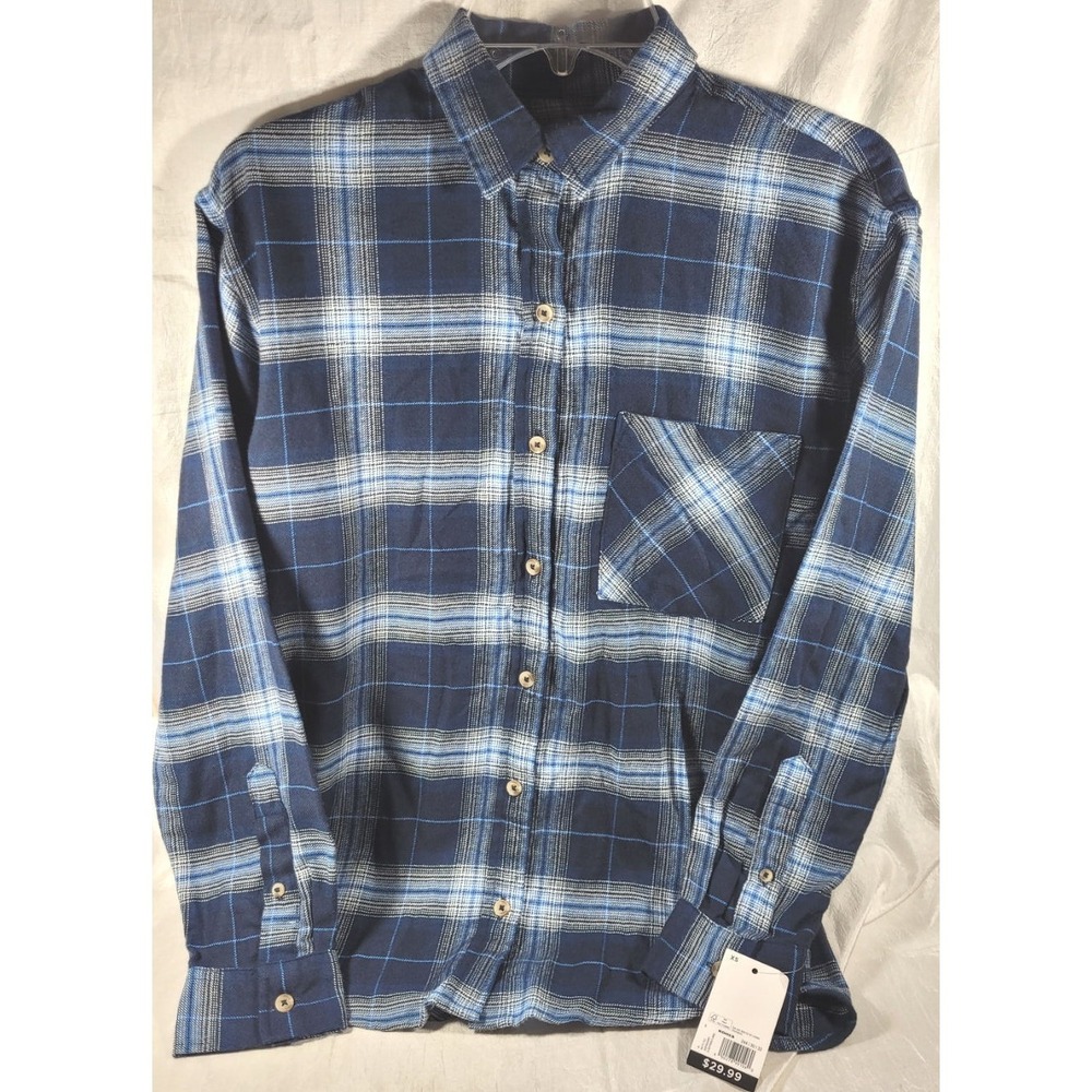 SO Women's Cozy Soft Flannel Boyfriend Button Down Shirt - Blue Plaid -‎ XS